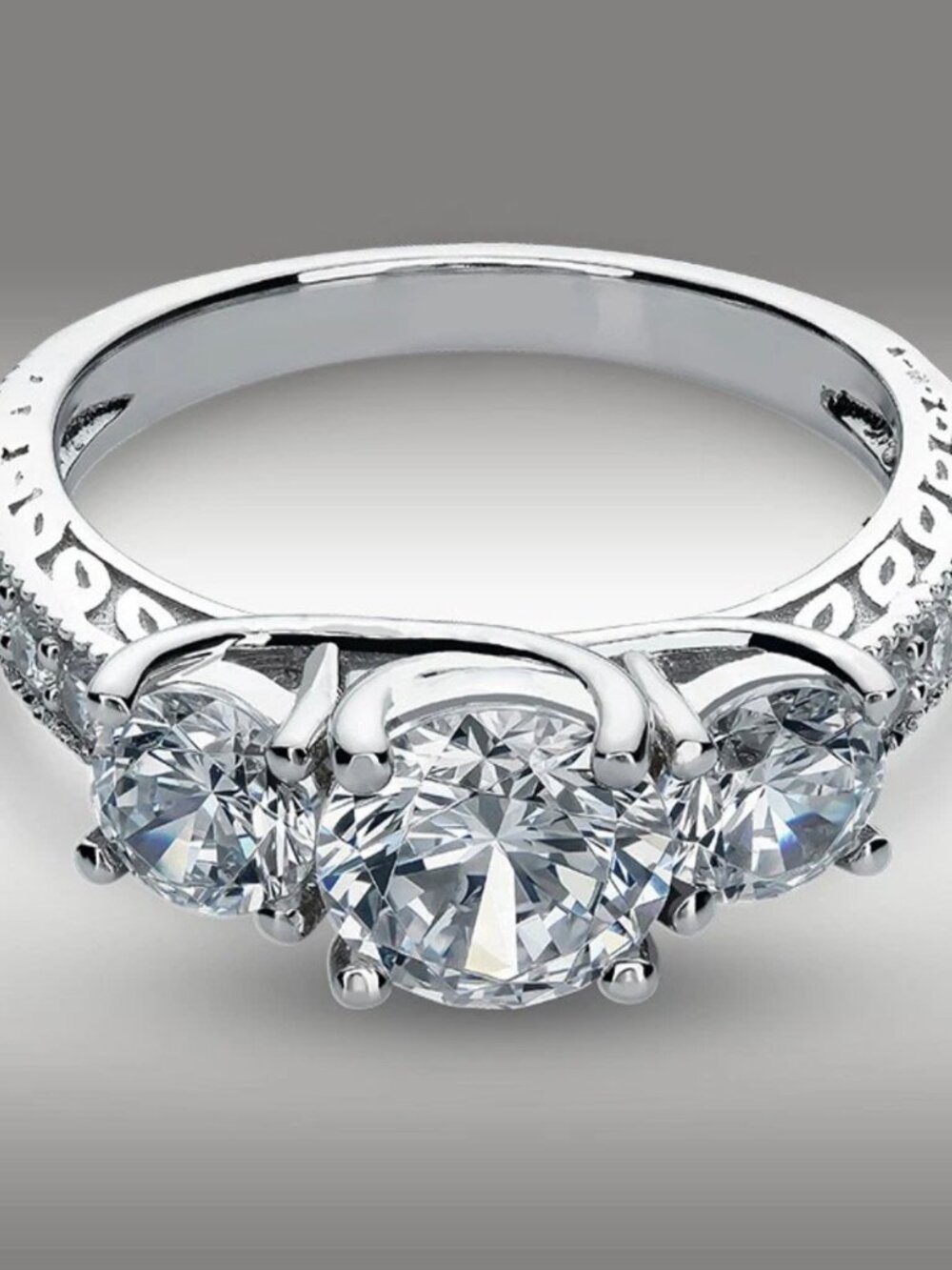 2.61 Certified Moissanite Round Three stone Engagement Ring 14K White Gold